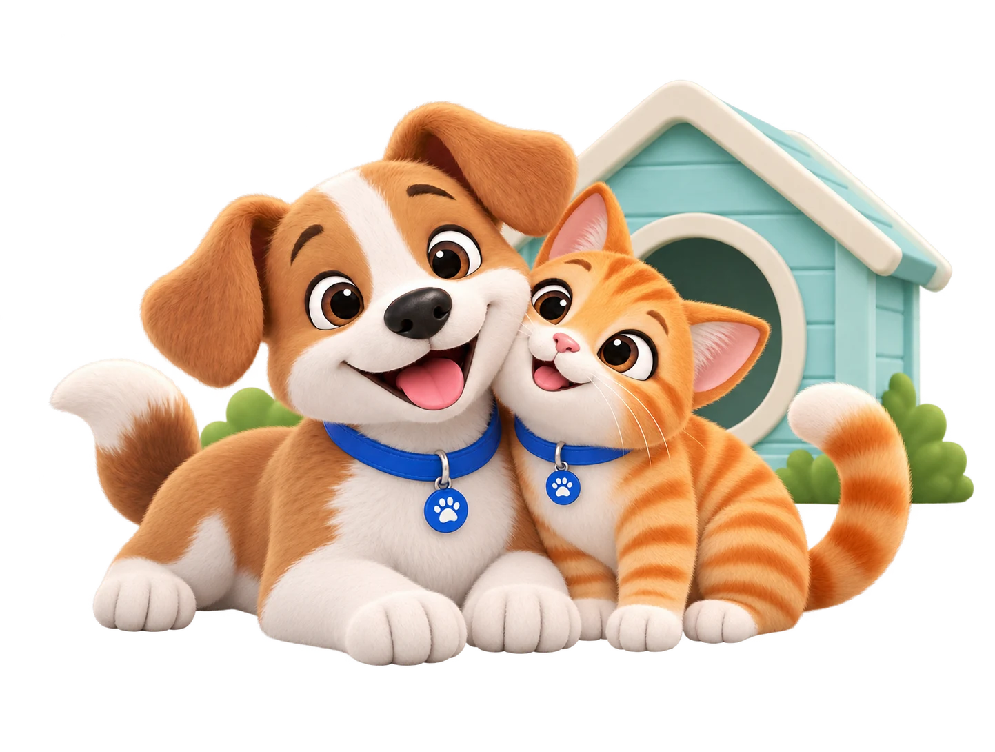 El perrito y el gatito de MiPatita juntos junto a su casita
